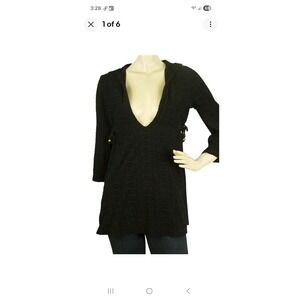 Juicy Couture Black Terry Cloth Hooded Tunic Dress Deep V-Neck Side Ties Small